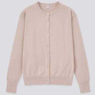 ユニクロ(UNIQLO)のUVカットスーピマコットンクルーネックカーディガン ナチュラル XL(カーディガン)