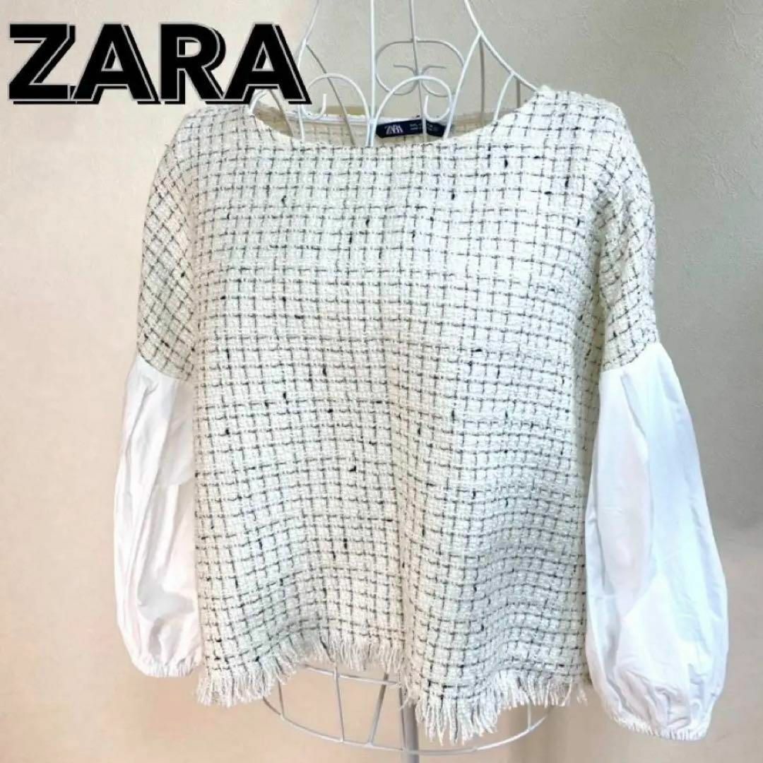 ZARA(ザラ)の【未使用級】　ZARA ホワイト　編み込み　七分丈　トップス　お洒落　ブラウス レディースのトップス(シャツ/ブラウス(長袖/七分))の商品写真