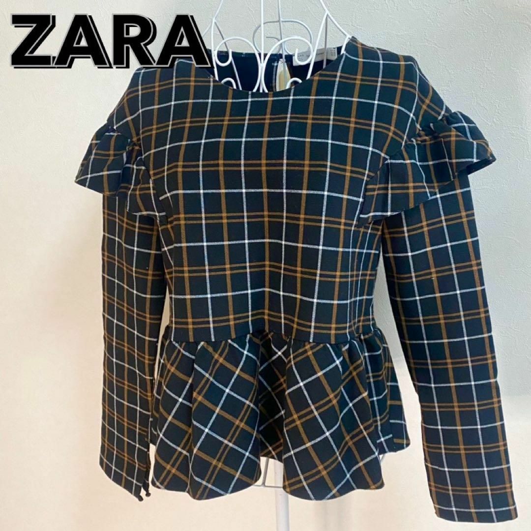 ZARA(ザラ)の【未使用級】　ZARA 長袖　フリル　ブラウス　チェック　ブラック レディースのトップス(シャツ/ブラウス(長袖/七分))の商品写真