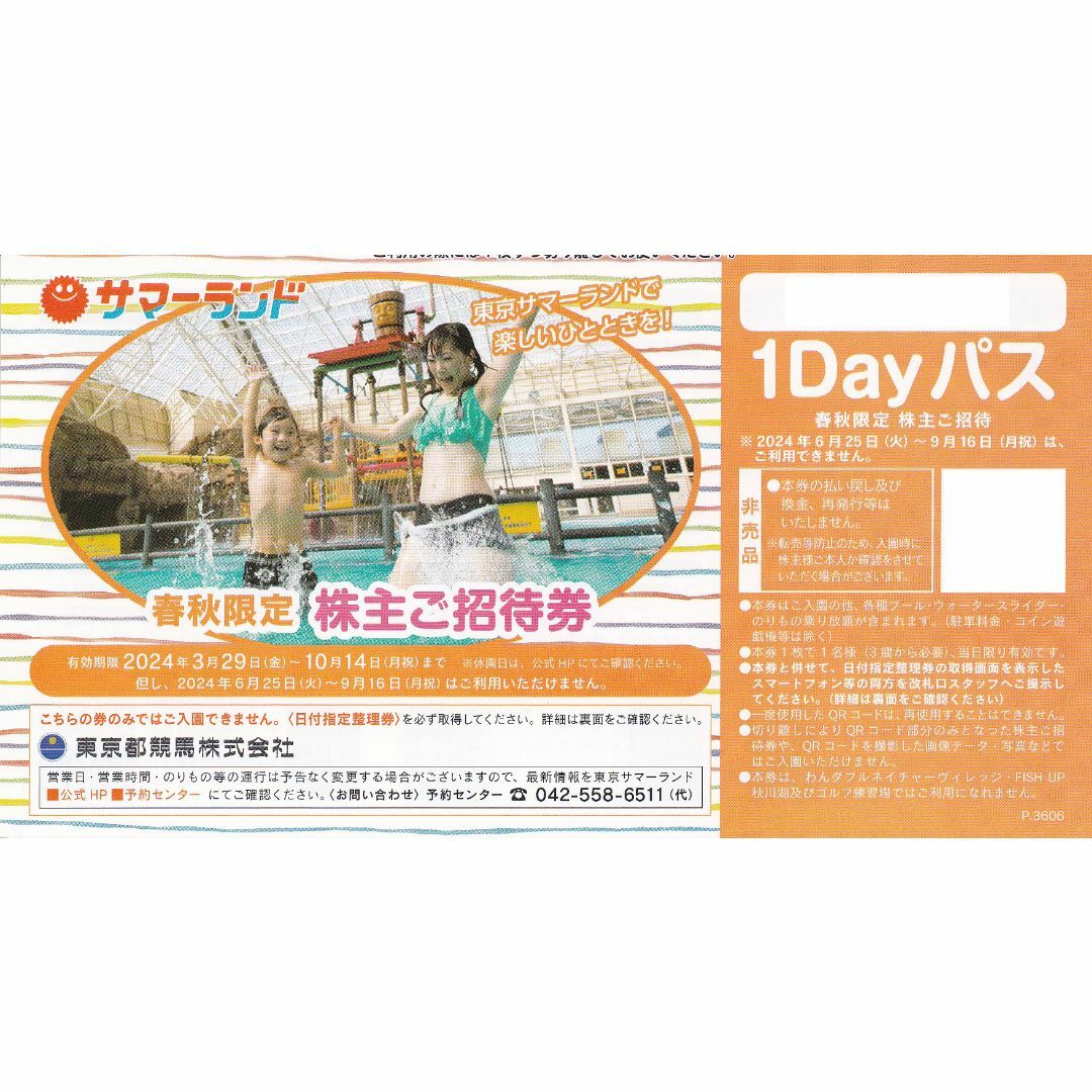 東京サマーランド（東京都競馬）株主優待券８枚 チケットの施設利用券(プール)の商品写真