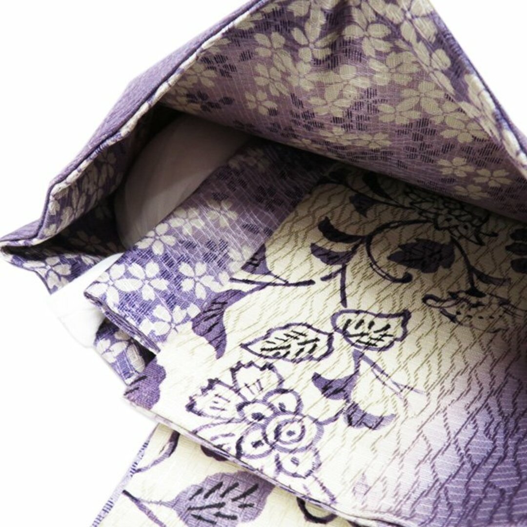 作り帯 付け帯 つけ帯 中古 リサイクル 正絹 仕立て上がり 花模様 灰白色 紫系色 きもの北條 A1006-13 レディースの水着/浴衣(帯)の商品写真