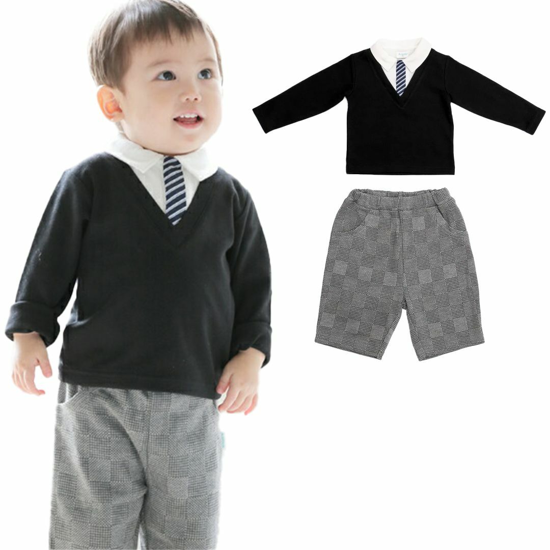 【Aenak】フォーマルVネックスーツ 上下セット 男の子 80 90 ブラック キッズ/ベビー/マタニティのキッズ服男の子用(90cm~)(ドレス/フォーマル)の商品写真