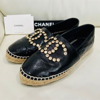 シャネル(CHANEL)のCHANEL 美品　ラインストーン　エスパドリーユ　ビシュー　黒 37(スリッポン/モカシン)