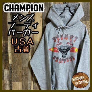 チャンピオン(Champion)のチャンピオン プリント グレー パーカー Mサイズ フーディ USA古着 灰色(パーカー)