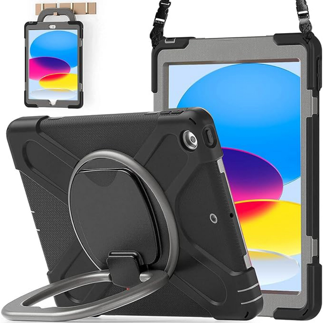 iPad 10世代 ケース スタンド 肩掛け ストラップ付き 回転 傷付き防止 スマホ/家電/カメラのスマホアクセサリー(iPadケース)の商品写真