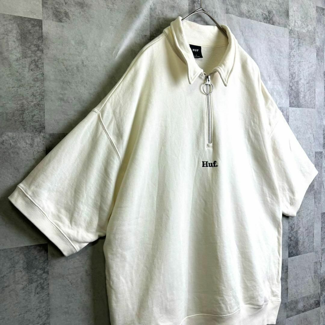HUF - 希少 ハフ ハーフジップスウェット 半袖 刺繍センターロゴ HUF - 希少 ハフ ハーフジップスウェット 半袖 刺繍センターロゴ