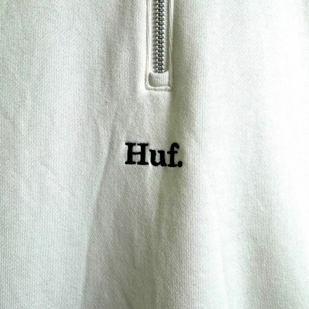 HUF(ハフ)の希少 ハフ ハーフジップスウェット 半袖 刺繍センターロゴ ホワイト L メンズのトップス(スウェット)の商品写真