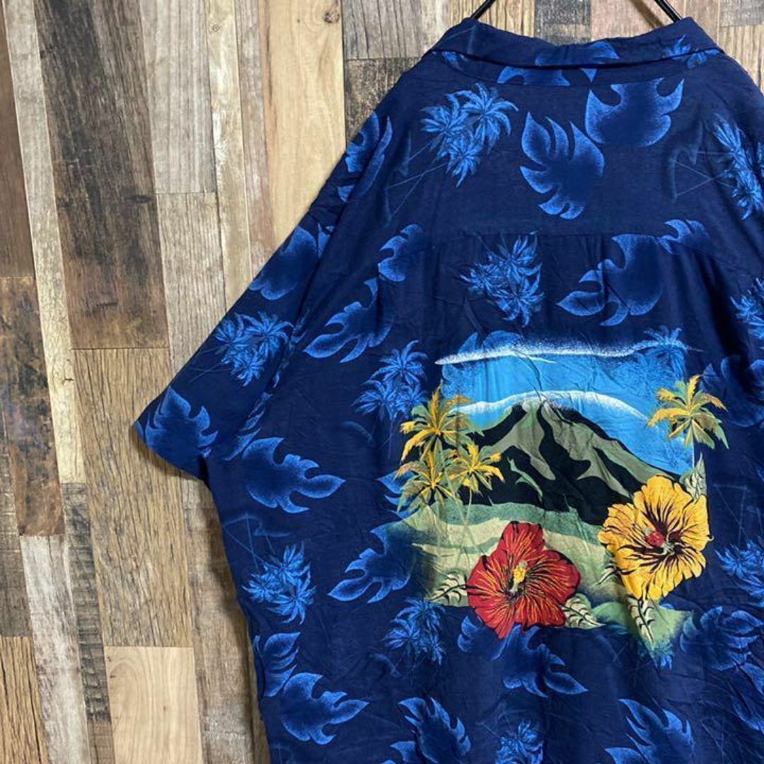 メンズ ハワイアン シャツ アロハ ネイビー 花柄 2XL USA古着 90s メンズのトップス(シャツ)の商品写真