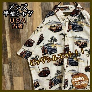 メンズ アロハ シャツ アメ車 車 ヤシの木 ハワイ 南国 USA古着 90s(シャツ)