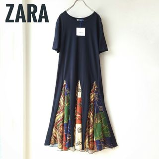 ザラ(ZARA)の新品未使用タグ付き　ZARA　マキシ丈ギャザーフレアワンピース　サイズL　紺(ロングワンピース/マキシワンピース)