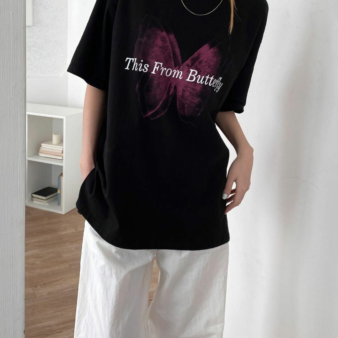 Tシャツ 半袖 レイヤード オーバーフィット 韓国 ストリート 蝶 バタフライ レディースのトップス(Tシャツ(半袖/袖なし))の商品写真