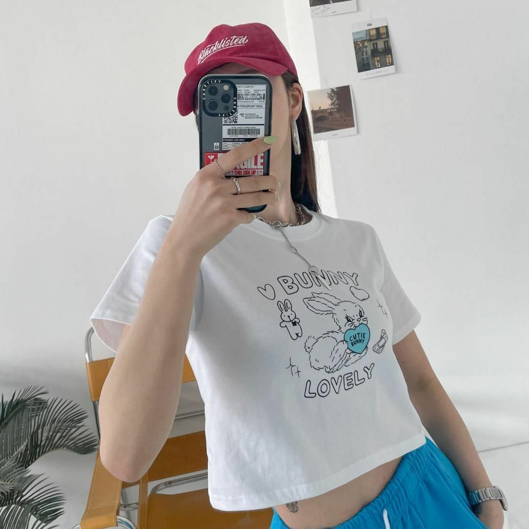 ハートウサギクロップティ ルーズ フィット 半袖 デイリー 白 韓国 オルチャン レディースのトップス(Tシャツ(半袖/袖なし))の商品写真