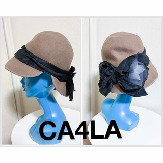 カシラ(CA4LA)のca4la 日本製 ウール　ハット　帽子　ベージュ　リボン　グレイッシュブラウン(ハット)