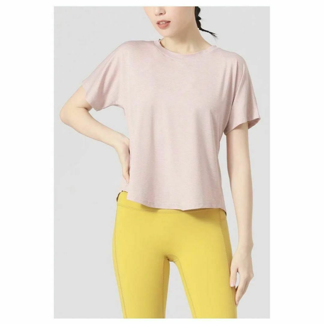 ピンク Mサイズ ヨガウェア 半袖 スポーツトップス Tシャツ レディースのトップス(Tシャツ(半袖/袖なし))の商品写真