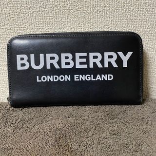 BURBERRY - バーバリー 長財布 ロゴプリント ラウンドファスナー シルバー金具 レザー 黒