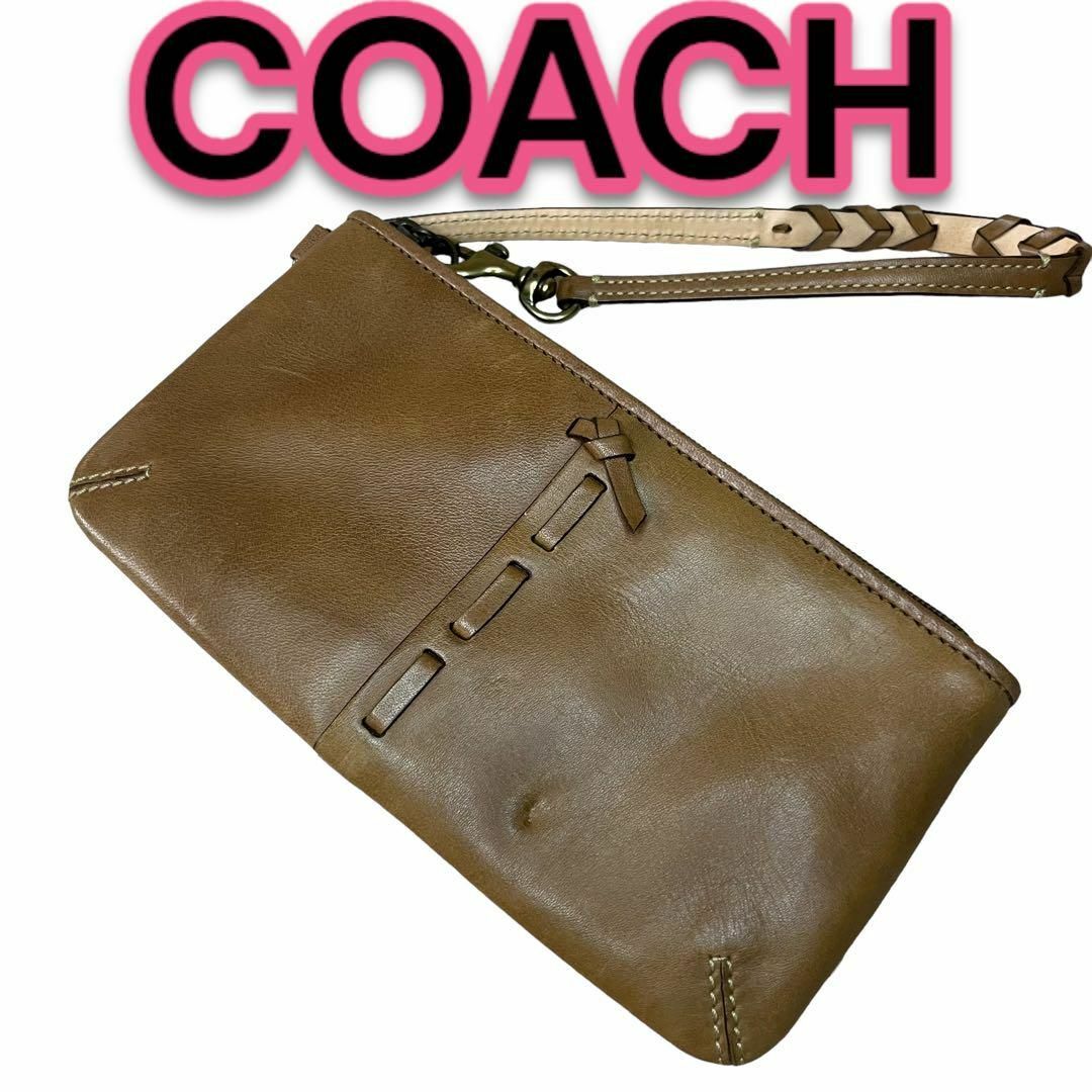 COACH(コーチ)の定番　COACH　コーチ　ポーチ　小物入れ　オールレザー　ブラウン レディースのファッション小物(ポーチ)の商品写真