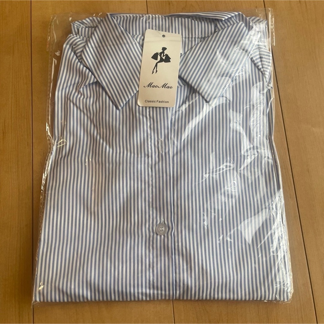 ストライプシャツ 袖口フリル サイズ キャンディースリーブシャツ 韓国 レディースのトップス(シャツ/ブラウス(長袖/七分))の商品写真