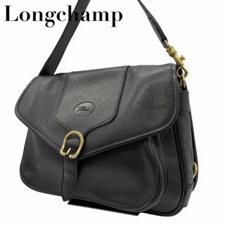 ロンシャン(LONGCHAMP)の美品　Longchamp ロンシャン　k　ショルダーバッグ　黒　レザー　フラップ(ショルダーバッグ)