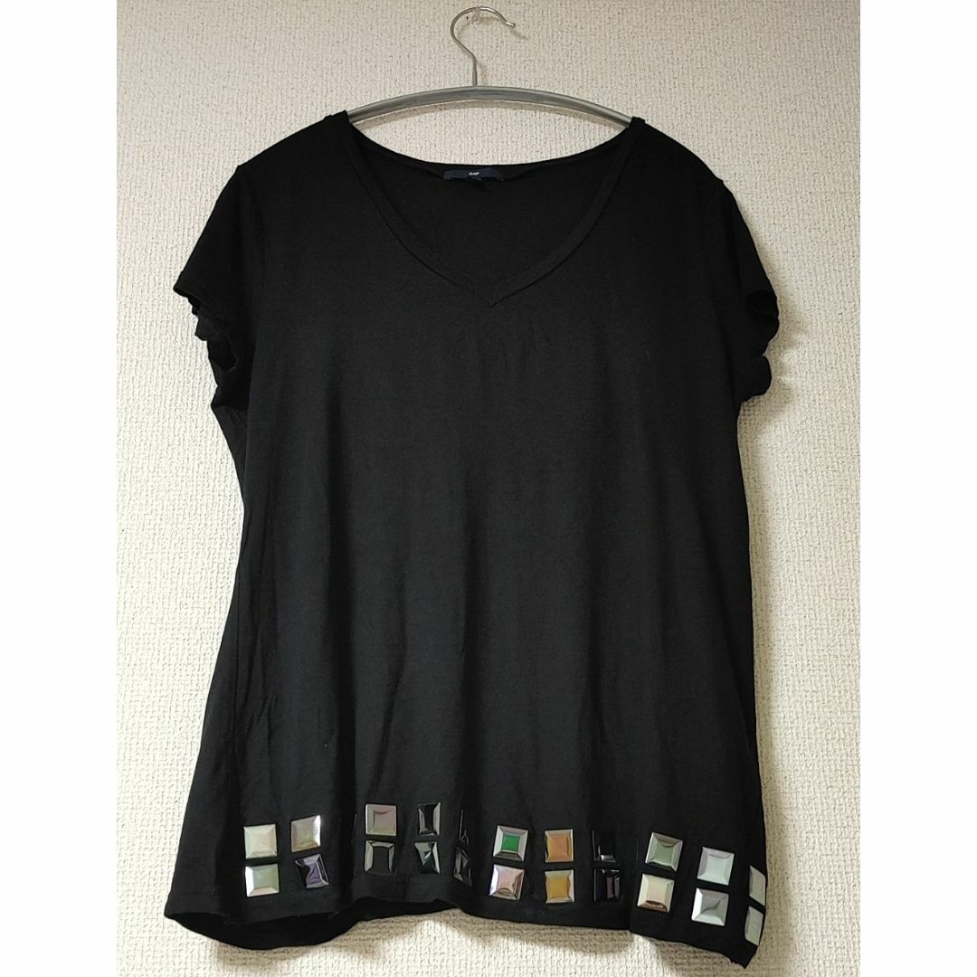 GAP(ギャップ)のGAP★黒 L★薄手 Tシャツ フレンチスリーブ カットソー ビジュー ストーン レディースのトップス(Tシャツ(半袖/袖なし))の商品写真