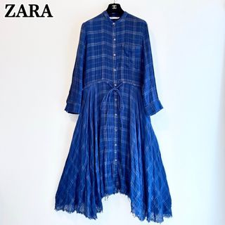 ザラ(ZARA)のZARA ロングワンピース シャツワンピース ネイビー チェック柄 モロッコ製(ロングワンピース/マキシワンピース)