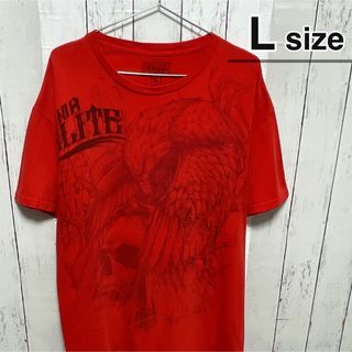 USA古着　Tシャツ　L　レッド　ビッグプリント　スカル　ドクロ　イーグル　ロゴ(Tシャツ/カットソー(半袖/袖なし))