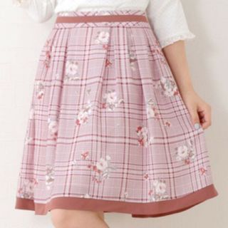 ロディスポット(LODISPOTTO)の【美品】チェック花柄フレアスカート／ピンクベージュ系／Sサイズ／ロディスポット(ひざ丈スカート)