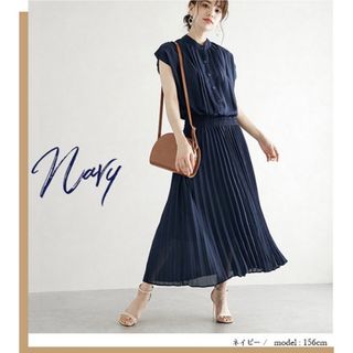 ロングワンピース ネイビー 半袖 マキシワンピース プリーツ 綺麗 フォーマル(ロングワンピース/マキシワンピース)