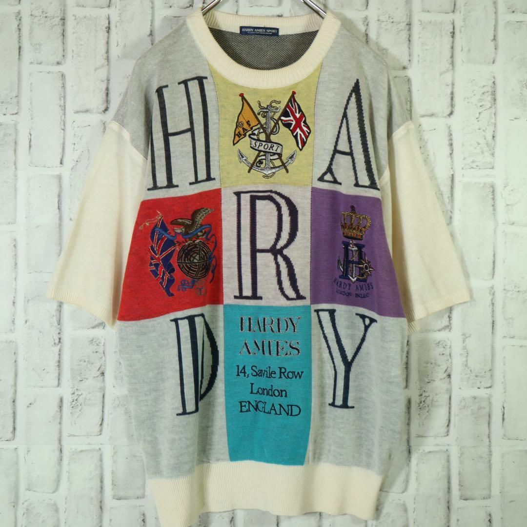 HARDY AMIES(ハーディエイミス)の【レトロ古着◎高級】ハーディエイミス 総柄サマーニット リネン使用 刺しゅうロゴ メンズのトップス(ニット/セーター)の商品写真