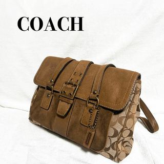 コーチ(COACH)の美品✨COACHコーチセミショルダーバッグトートバッグブラウン茶シグネチャー総柄(ショルダーバッグ)