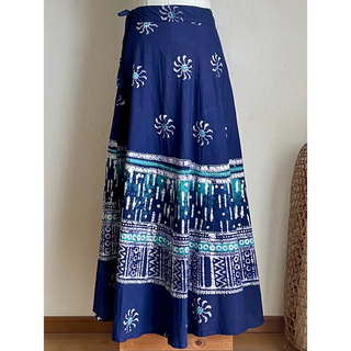 バティックブロックプリント　インド綿　ロングスカート　ブルー(ロングスカート)