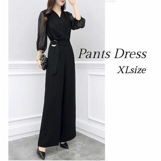 XLサイズ　パンツドレス　セットアップ　ブラック　シフォン　黒　結婚式　二次会(ロングワンピース/マキシワンピース)