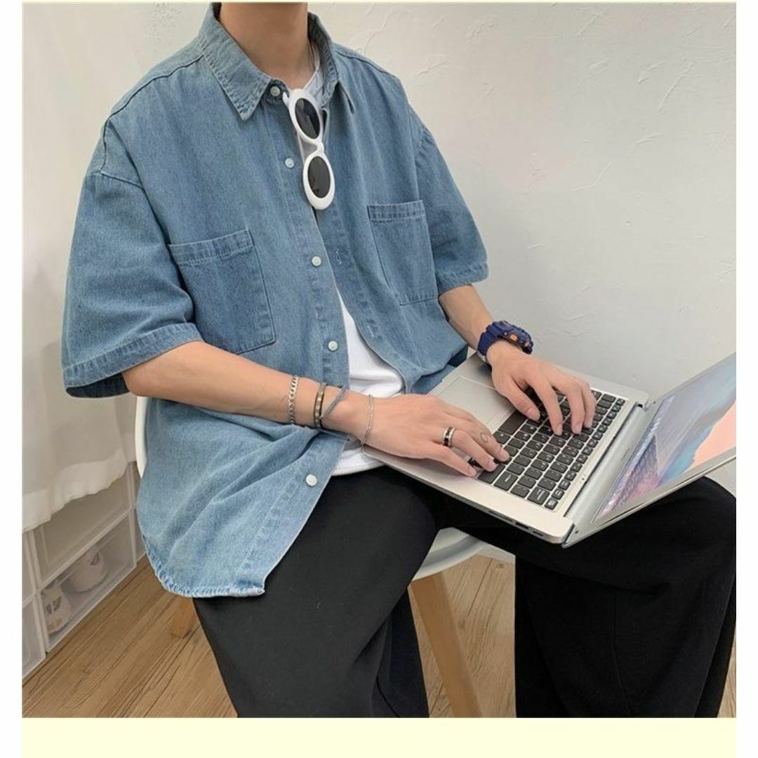 ビッグシルエット デニム 半袖 シャツ　ライトブルー Mサイズ メンズのトップス(シャツ)の商品写真