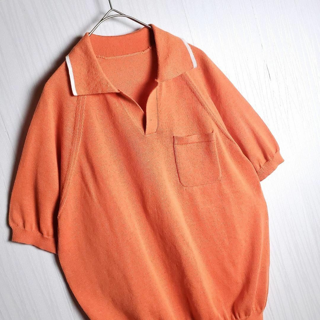 VINTAGE(ヴィンテージ)のサマーニット ニットポロ ラグラン袖 半袖 無地 リネン 麻 シンプル 古着 メンズのトップス(ニット/セーター)の商品写真