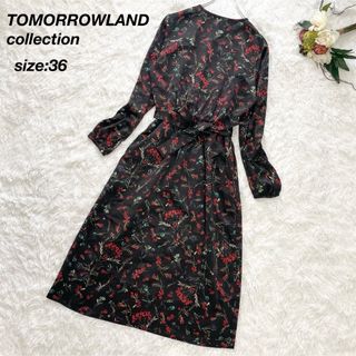 トゥモローランド(TOMORROWLAND)のトゥモローランドコレクション 花柄ロングワンピース ベルト付き ブラック36(ロングワンピース/マキシワンピース)