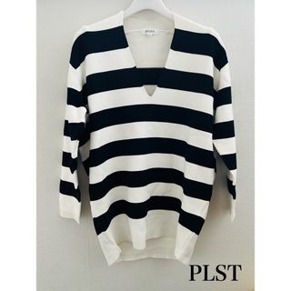 プラステ(PLST)のPLST(プラステ)  ボーダーニット　白黒　M レディース　春(カットソー(長袖/七分))