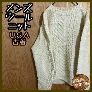 ウール ニット USA古着 90s 長袖 セーター クリーム メンズ 冬服 L(ニット/セーター)