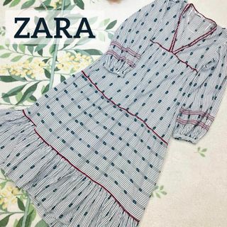 ザラ(ZARA)のZARA ストライプ ボヘミアン柄 ロング ワンピース M 刺繍 ティアード(ロングワンピース/マキシワンピース)