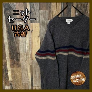 メンズ ニット グレー ライン 無地 L USA古着 90s 長袖 セーター(ニット/セーター)