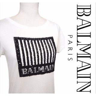 バルマン(BALMAIN)の美品☆バルマン☆貴重・上質・高級・Tシャツ・白×黒・バルマンロゴ・刺繍・サイズS(Tシャツ(半袖/袖なし))