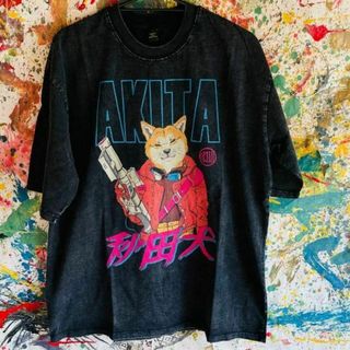 秋田犬 AKIRA Tシャツ 半袖 ケミカルウォッシュ 黒XL メンズ(Tシャツ(半袖/袖なし))