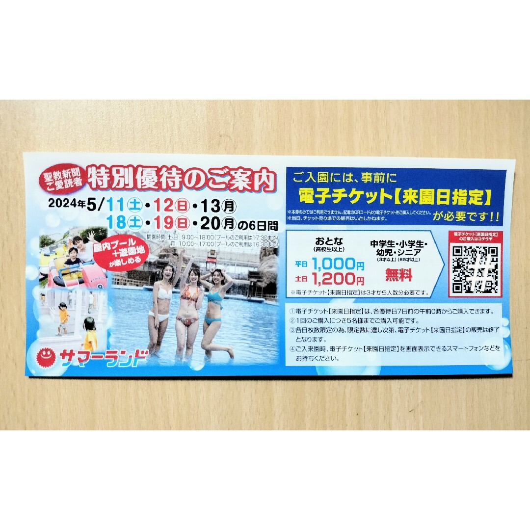 東京サマーランド優待券　日にち指定　5名分まで購入可 チケットの優待券/割引券(その他)の商品写真