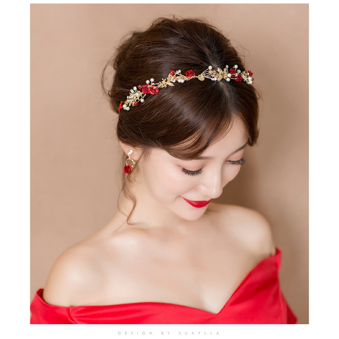 【残りわずか❤️】ヘッドドレス イヤリング付 レッド 韓国 可愛い 結婚式 バラ レディースのヘアアクセサリー(その他)の商品写真