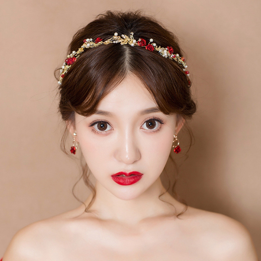 【残りわずか❤️】ヘッドドレス イヤリング付 レッド 韓国 可愛い 結婚式 バラ レディースのヘアアクセサリー(その他)の商品写真