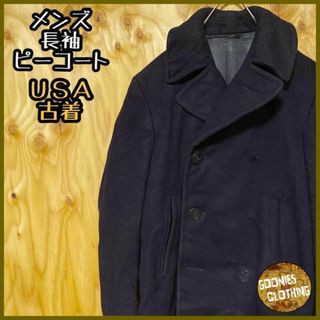 メンズ ブラック ピーコート ジャケット USA古着 90s 長袖 アウター 黒(ピーコート)