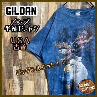 ギルタン(GILDAN)のメンズ 半袖 Tシャツ 青 総柄 鷹 動物 ビッグシルエットUSA古着 90s(Tシャツ/カットソー(半袖/袖なし))