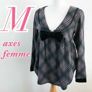 アクシーズファム(axes femme)のアクシーズファム　長袖ニット　M　チャコールグレー　レッド　ホワイト　チェック柄(ニット/セーター)