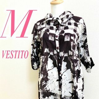 VESTITO　シャツ　M　ホワイト　ブラウン　総柄　派手　綿100%　ひざ丈(シャツ/ブラウス(半袖/袖なし))