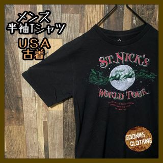 ブラック メンズ tシャツ プリント M サンタ トナカイ 古着 半袖 アニマル(Tシャツ/カットソー(半袖/袖なし))