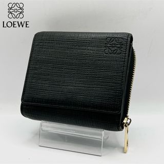 ロエベ(LOEWE)の美品 LOEWE 三つ折り財布 リネン アナグラム ラウンドジップ ブラック(財布)