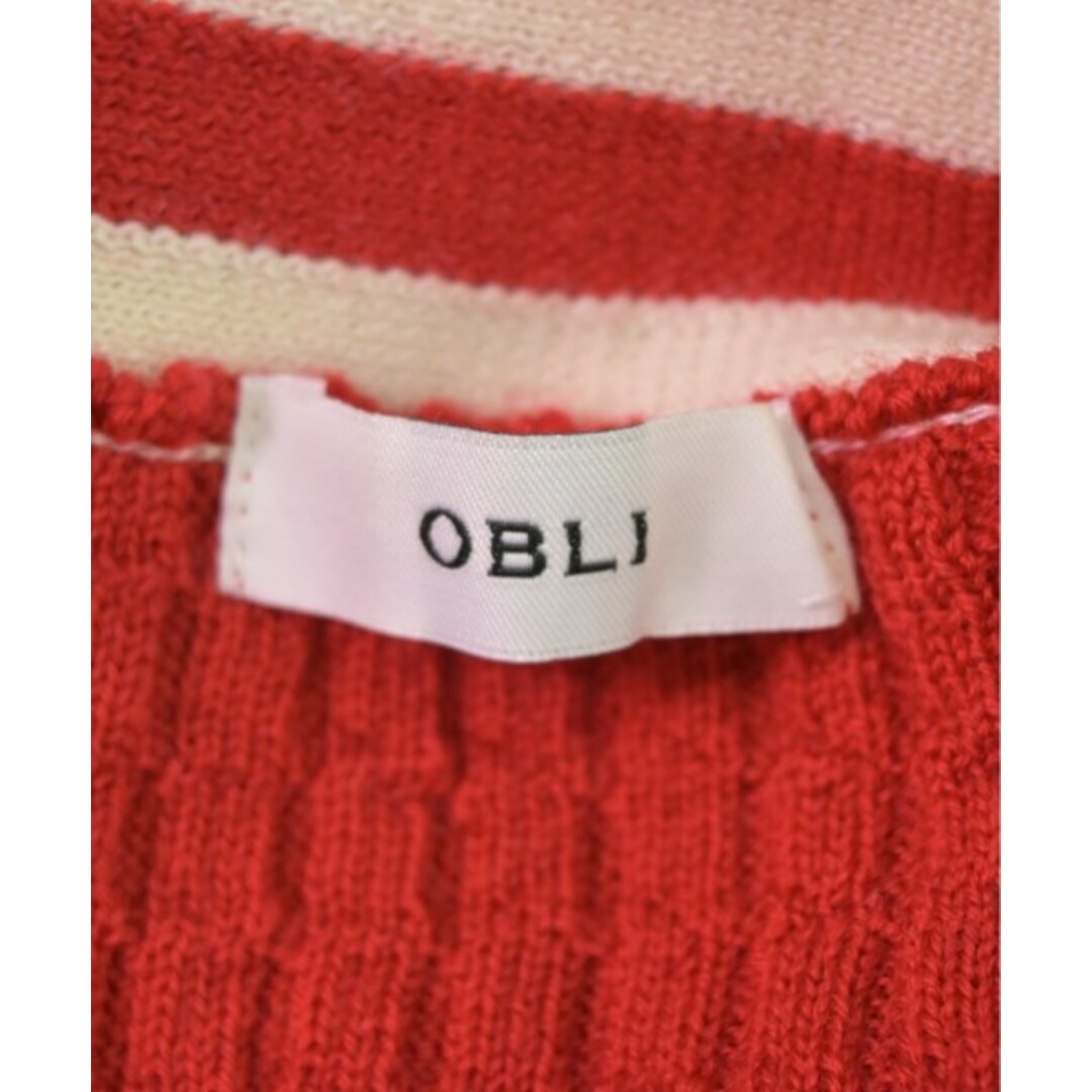 OBLI(オブリ)のOBLI オブリー カーディガン -(L位) 赤xベージュ 【古着】【中古】 レディースのトップス(カーディガン)の商品写真